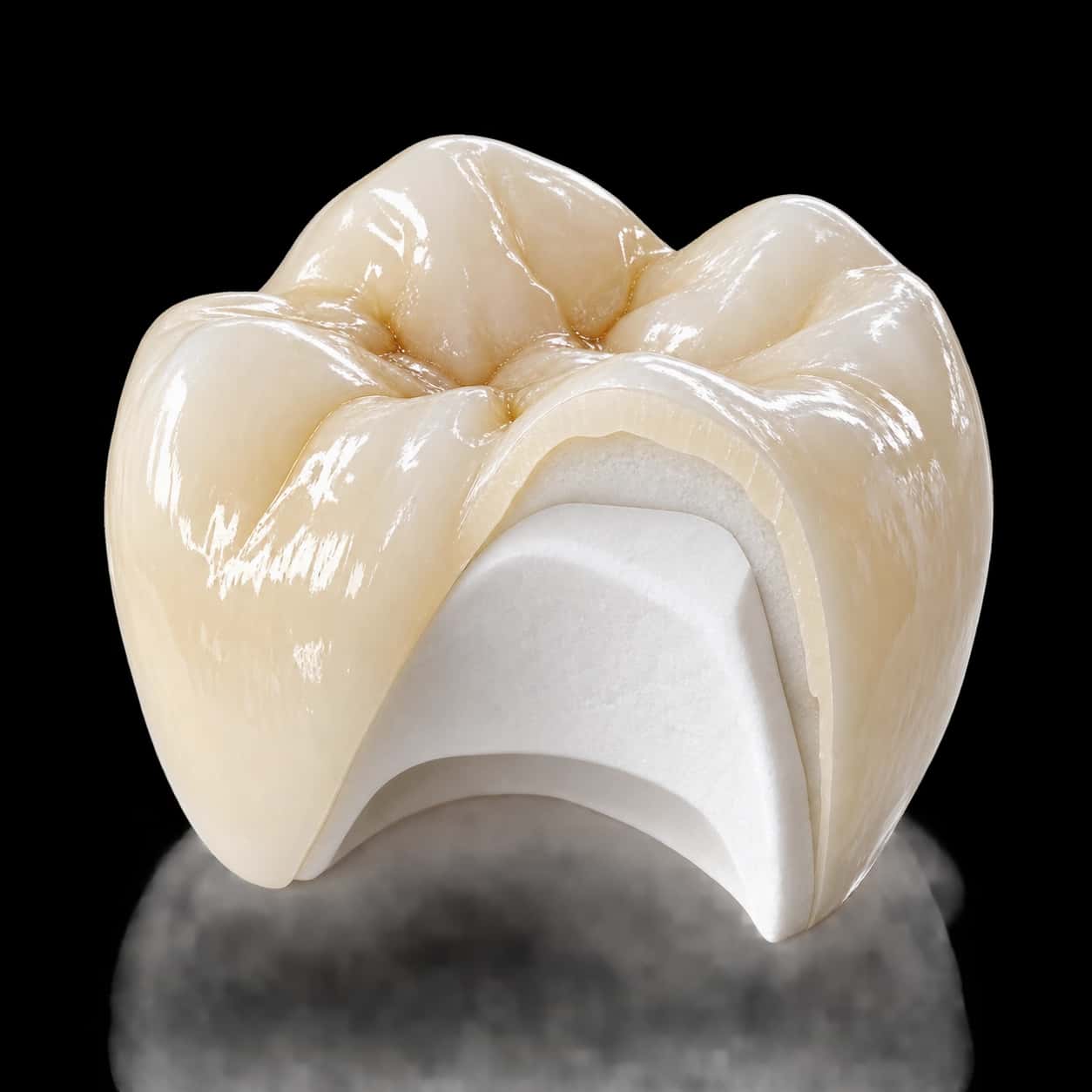 Coroană ceramică pe suport din zirconiu, în secțiune, cu scheletul alb vizibil