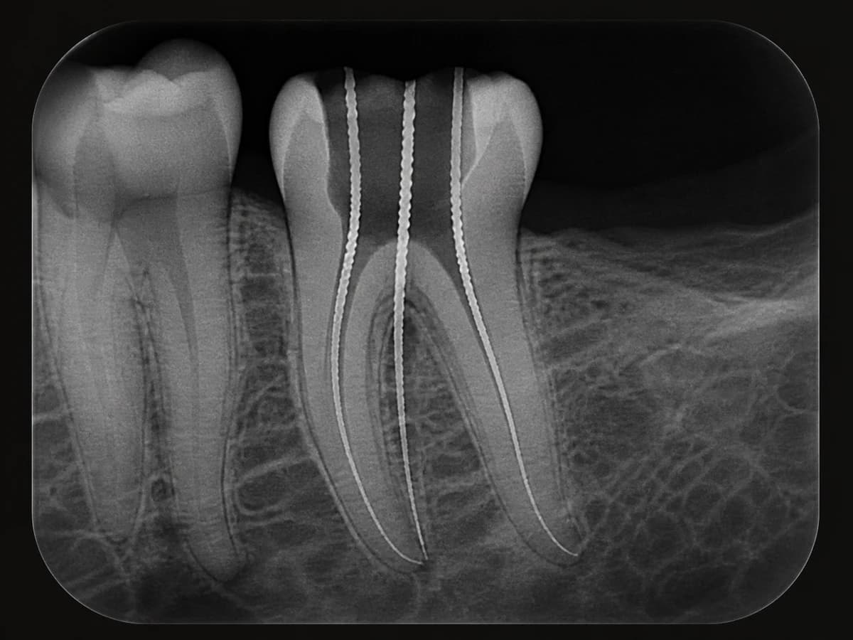 Radiografie dentară a unui molar, analizată înaintea tratamentului de canal