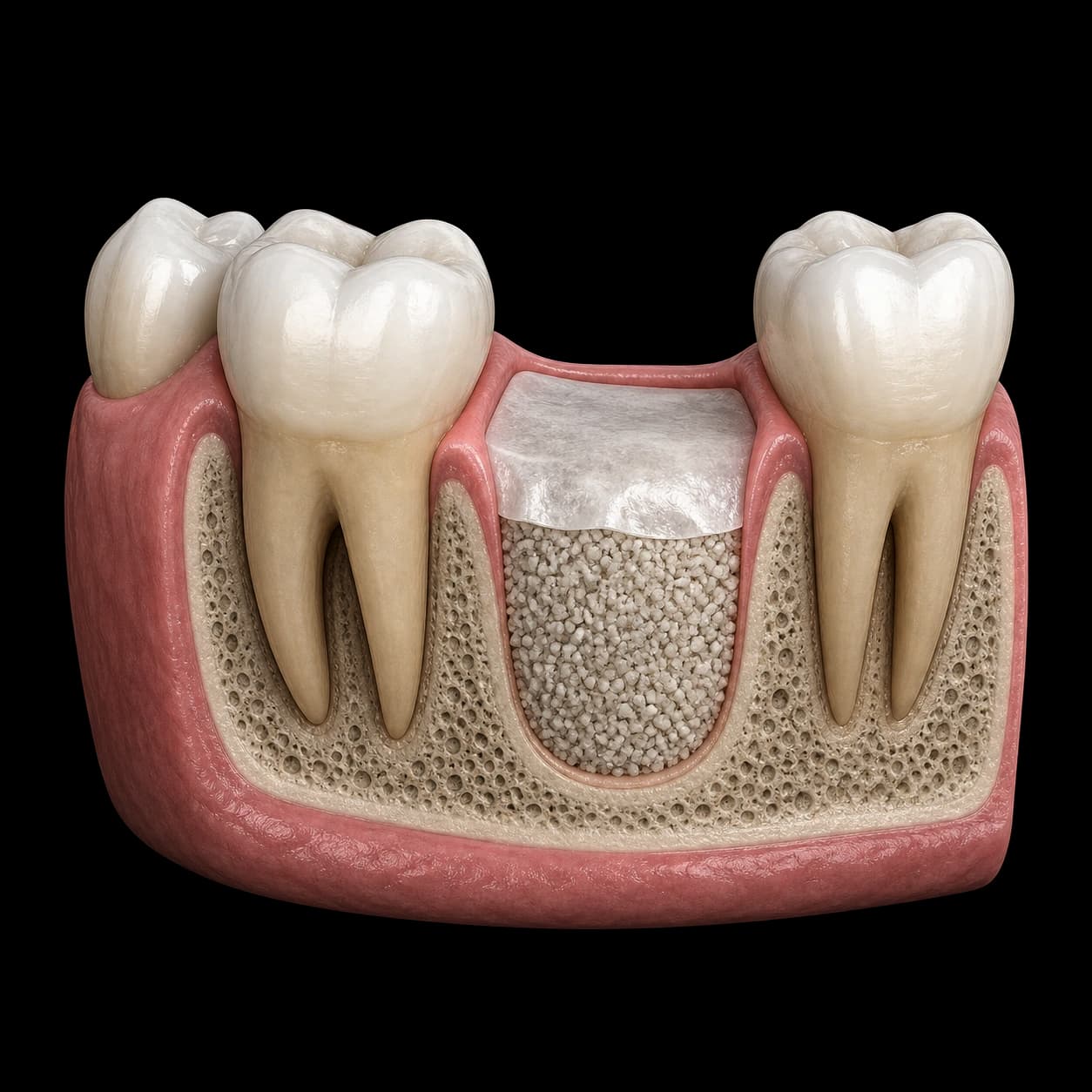 Alveolă dentară umplută cu material de adiție și acoperită cu membrană